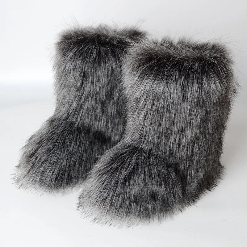 Women's Winter Fluffy Faux Fur Snow Boots, Comfortable Plush Warm Ankle Booties, Luxury Furry Fashion Outdoor Footwear