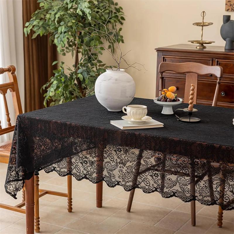 1pc Black Lace Tablecloth with Phoenix Tail Flower Embroidery for A Wedding, Suitable for Outdoor Parties and Home Decoration
