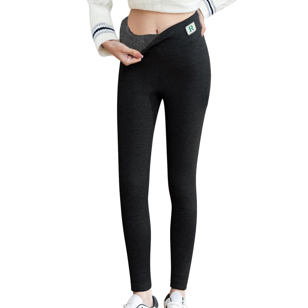 Women's High Waist Casual Pants Color Fleece Thermal Leggings Winter Long Fleece Trousers Plush Running