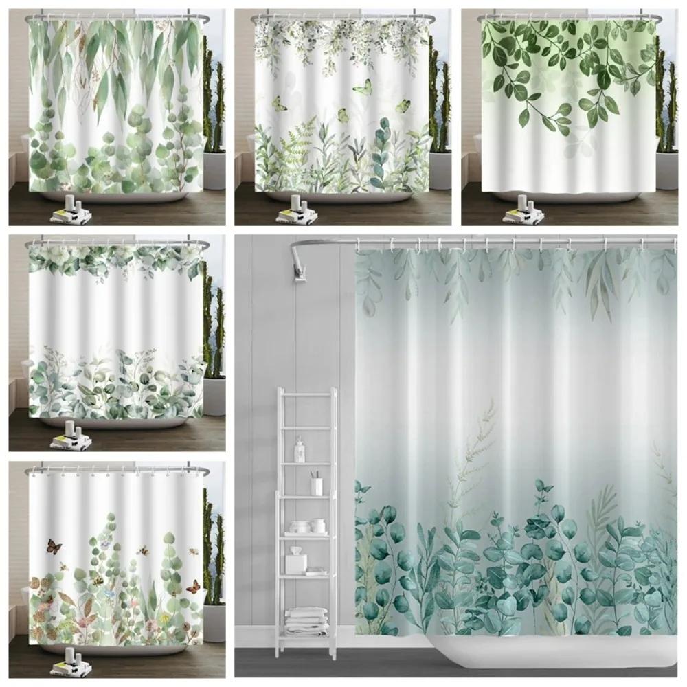 Monika Chen Green Eucalyptus Leaves Shower Curtains Watercolor Floral Waterproof Morden Bathroom Bathtub Curtain Room Decor With Hooks