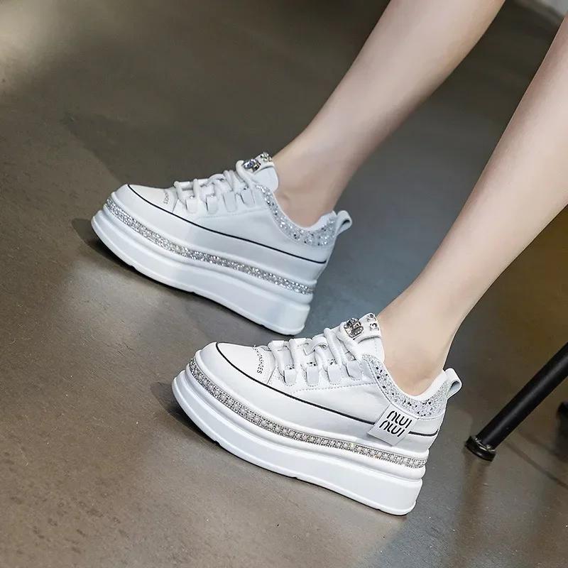 Mode Top-Qualität 7cm Echtes Leder Damen Plateau Keilabsatz Herbst Frühling Versteckte Absätze Damen Vulkanisierte Bling Sneakers Freizeitschuhe