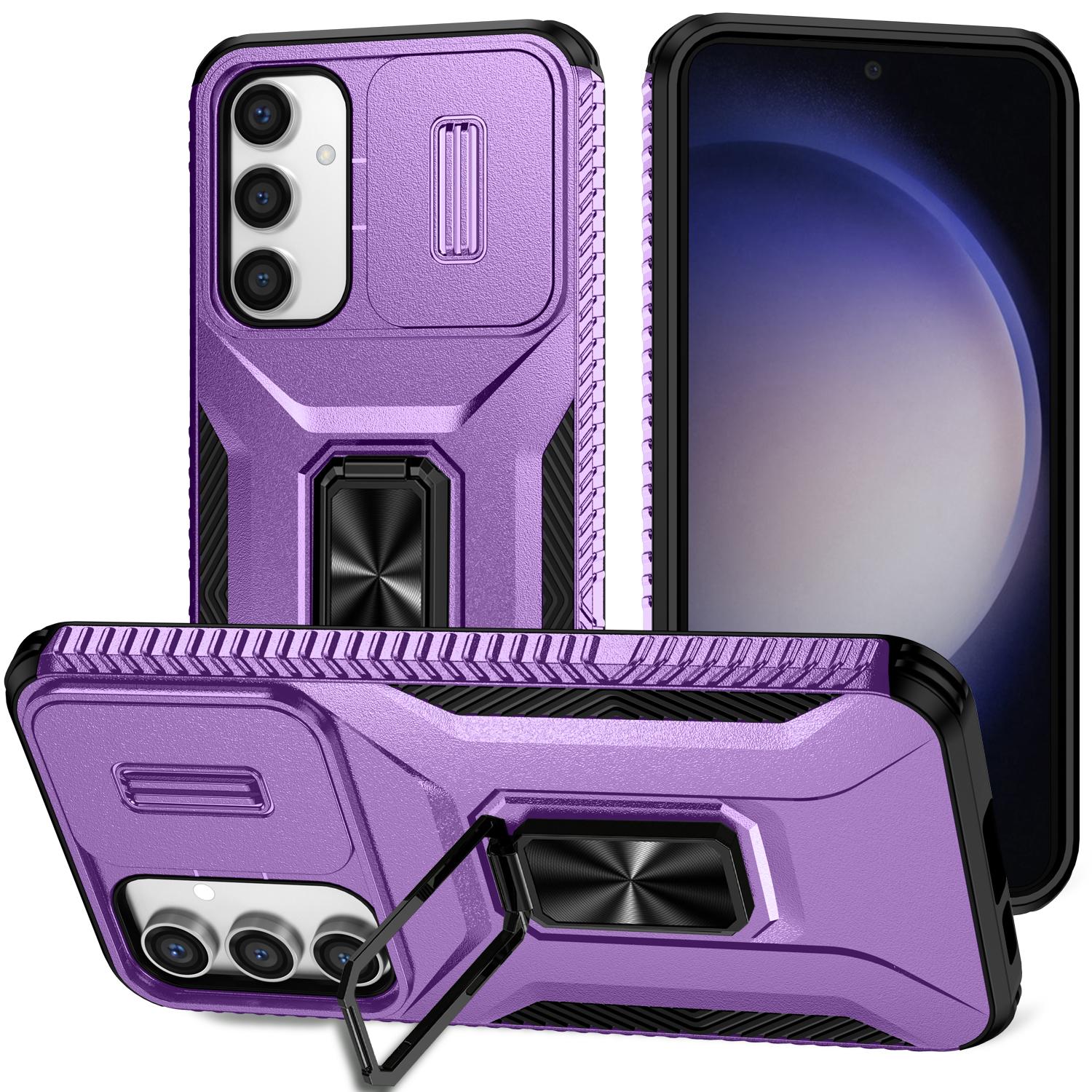 

For Samsung Galaxy S23 FE Kickstand Case TPU+PC Phone Protector with Slide Lens Cover Purple
