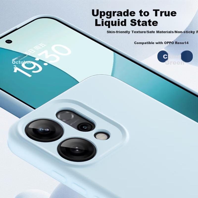 OPPO Reno 14 Phone Case, Liquid Silicone Soft with Full Lens Protection, Shockproof, Simple Solid Color, Heat Dissipation, Outer in Cloud Blue Color