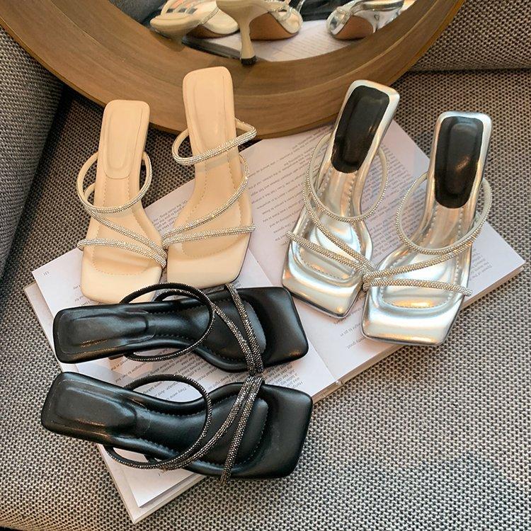 Fairy Rhinestone with Cool Slippers, Female Outer Wear Summer Square Head Stepping On Shit Feeling High Heels Fashion Sandals