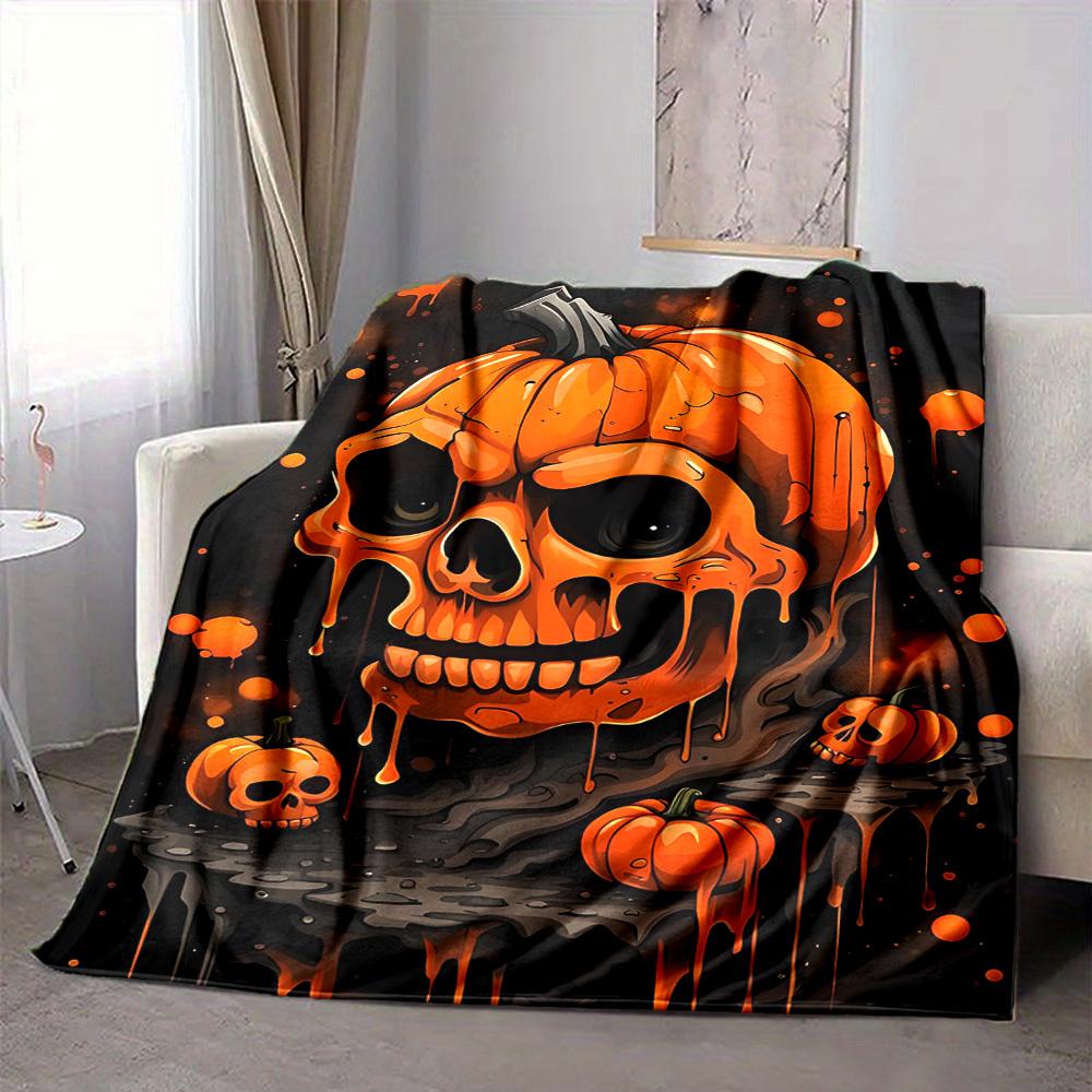 

1pc Pumpkin Skull Print Blanket Lightweight Flannel Throw Blanket For Sofa, Bed, Living Room, Office, Outdoor Travel, Camping 80cmx120cm