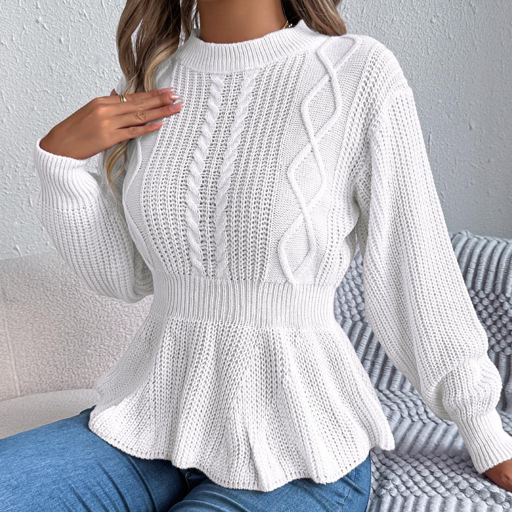 QICED Autumn and Winter Solid-color Braided Waist-cinched Ruffled Long-sleeved Pullover Sweater for Women