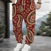 Men Plus Size Red Paisley Printed Drawstring Waist Jogger Pants Side Pockets Cuffed Ankle