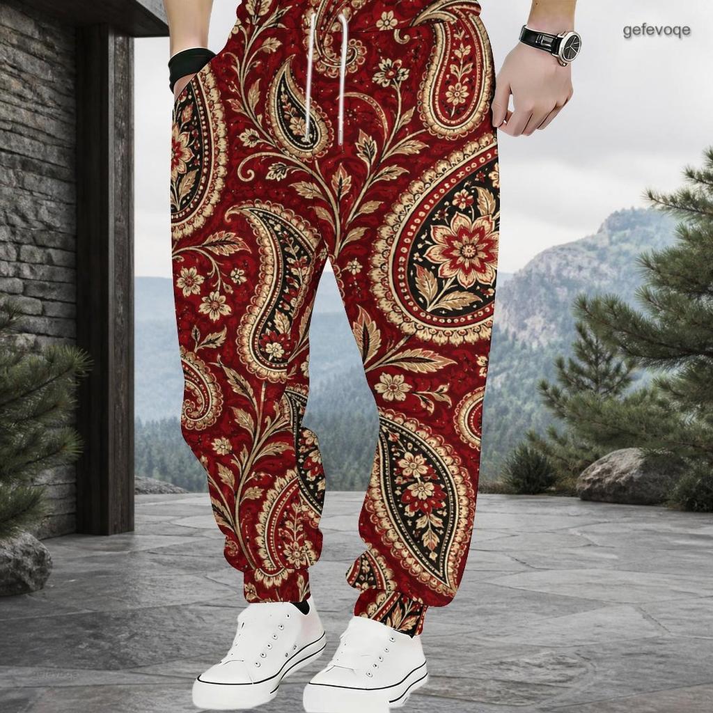Men Plus Size Red Paisley Printed Drawstring Waist Jogger Pants Side Pockets Cuffed Ankle