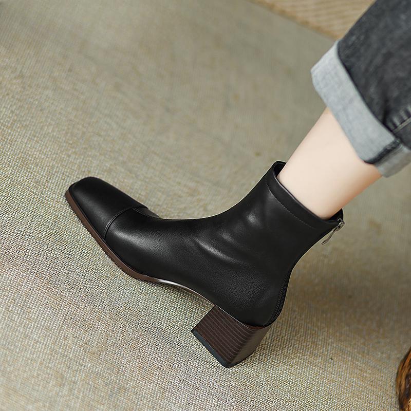 Retro Style Women Short Boots Fashion Back Zippers Ankle Booties Square High Heels Autumn Winter Shoes