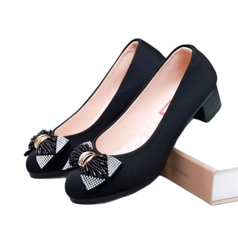 Single shoes fashion rhinestone bow women 2025 autumn new versatile thick heel soft sole work shoes suede shoes