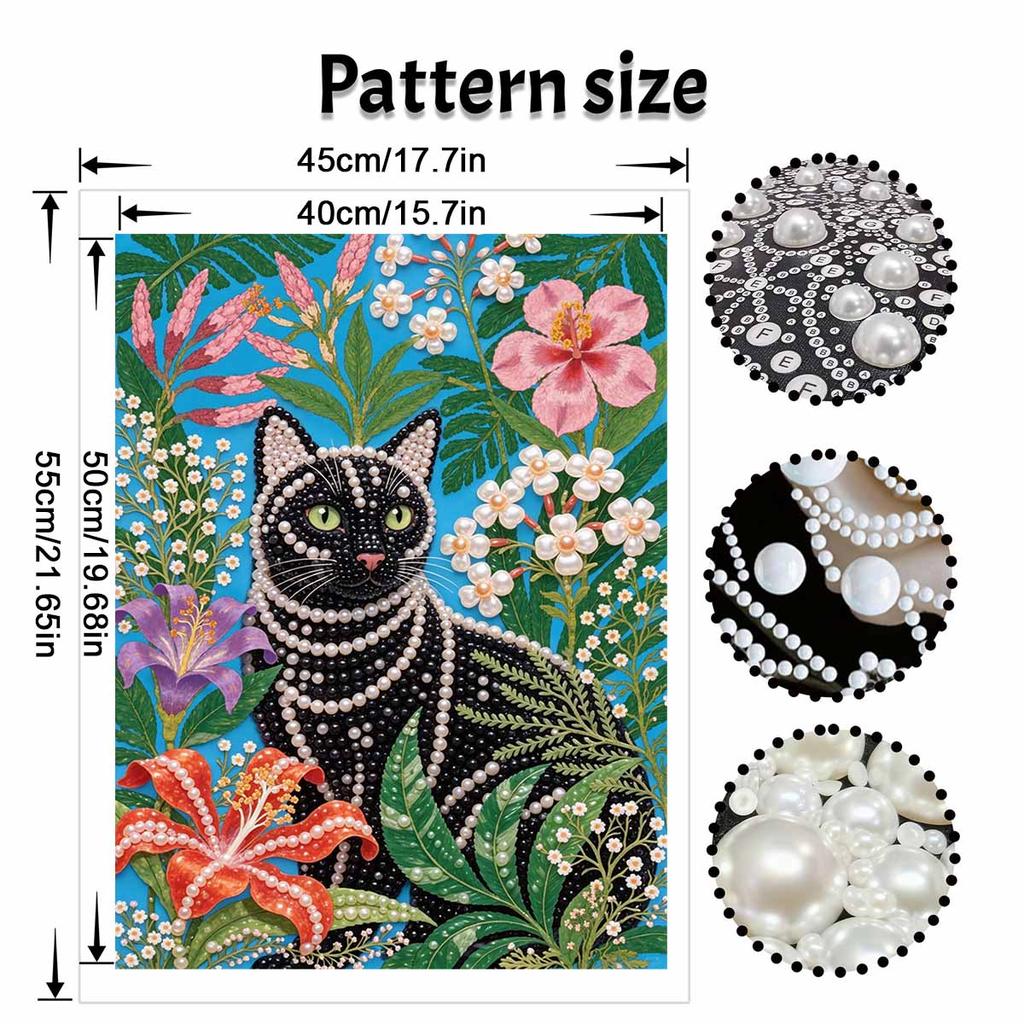 Frameless Pearl Painting DIY Kit Elegant Black Cat with Colorful Flowers 3D Sparkling Bead Canvas Relaxing Creative Craft for Art Lovers