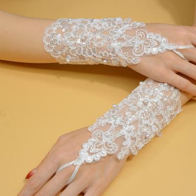 1 Paar Damen Ballhandschuhe, durchsichtige Spitze, Blumenmuster, Kunstperlen-Dekor, fingerlos, verstellbar, für Auftritte, Braut, Hochzeit, Foto-Requisite, Handgelenk-Manschetten