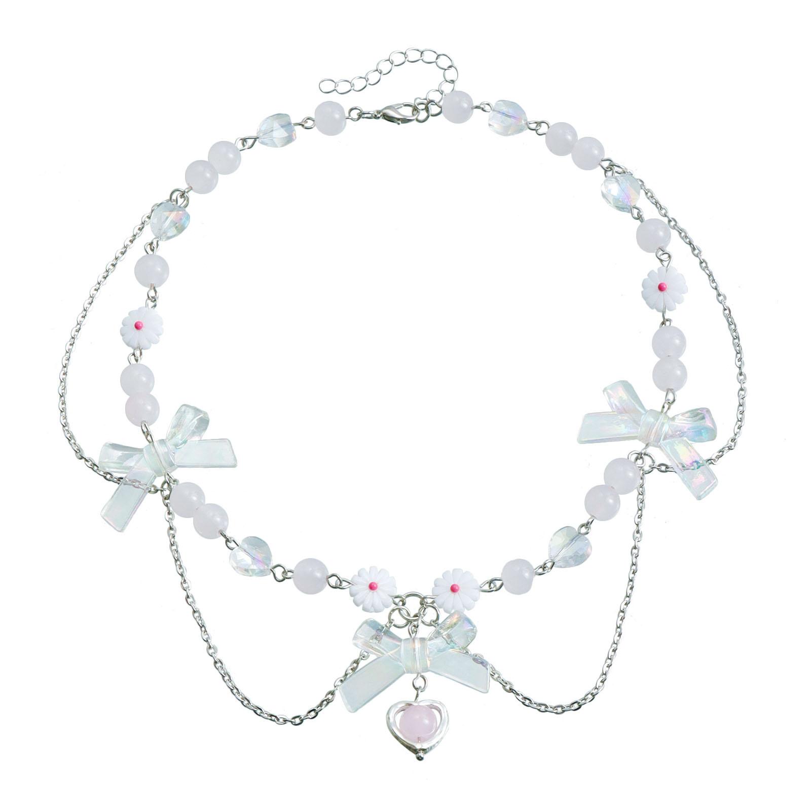 

Bowknot Heart Charm Necklace Fashion Collar Necklace Clavicle Chain Acrylic Beaded Choker Necklace Statement Jewelry