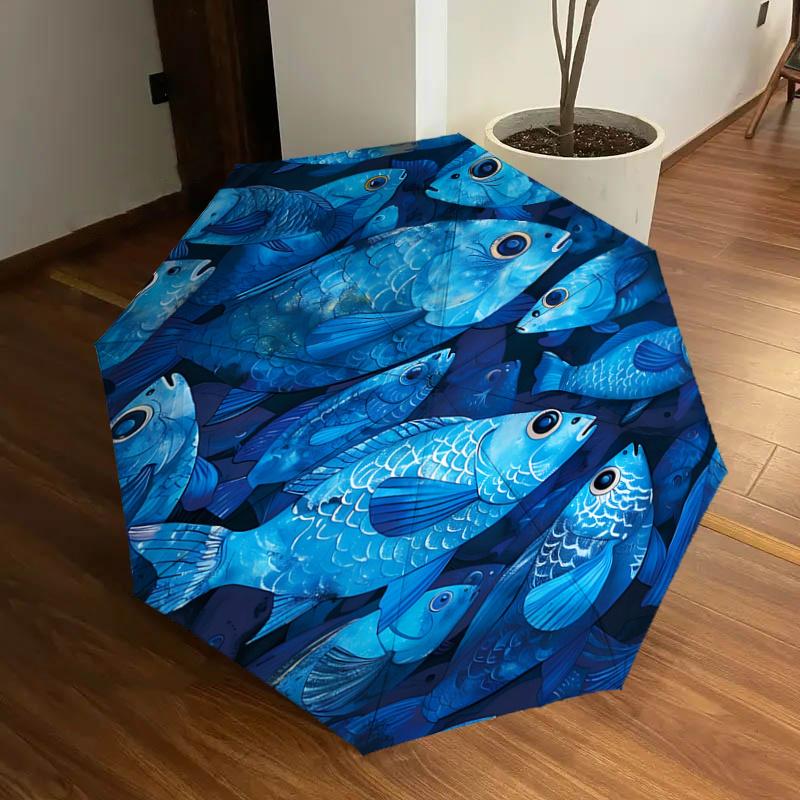 

Blue Fish Pattern Automatic Opening/Closing Umbrella with Foldable Design, Outdoor Rain Gear for Fans, Travelers, Daily Use - Perfect Gift f