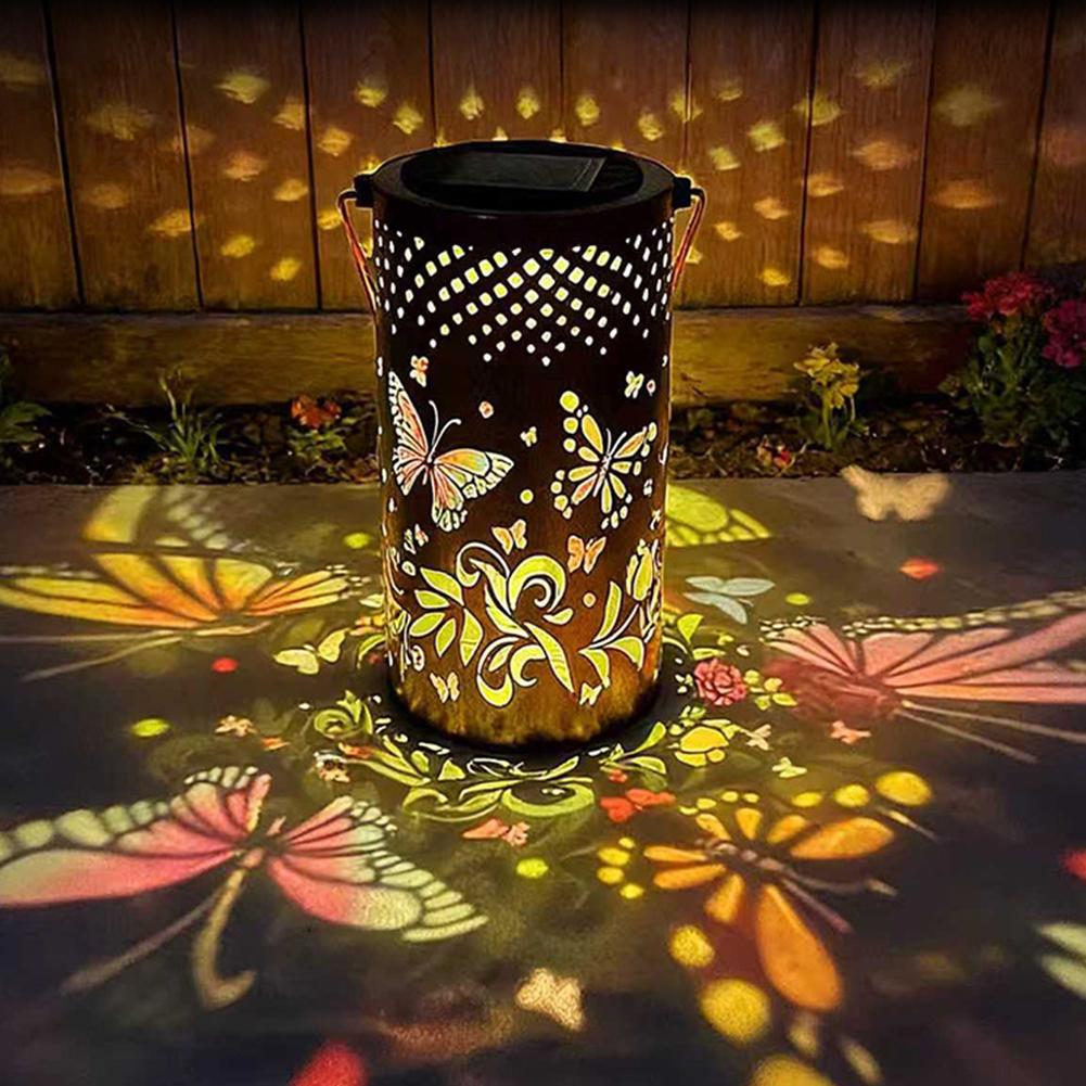 Solar Powered Hanging Lantern Retro Butterfly Projection LED Garden Light Auto On/Off Outdoor Decor Lamp for Patio/Yard/Tree