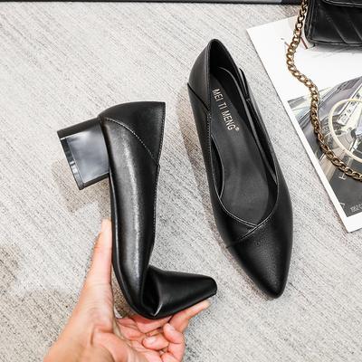 Arbeitsschuhe Damen Schwarz Mittlerer Absatz Weiche Sohle Dicker Absatz Lederschuhe Karriere Vorstellungsgespräch Hotel Weiches Leder Werkzeugmacher Komfortable Einzelne Schuhe