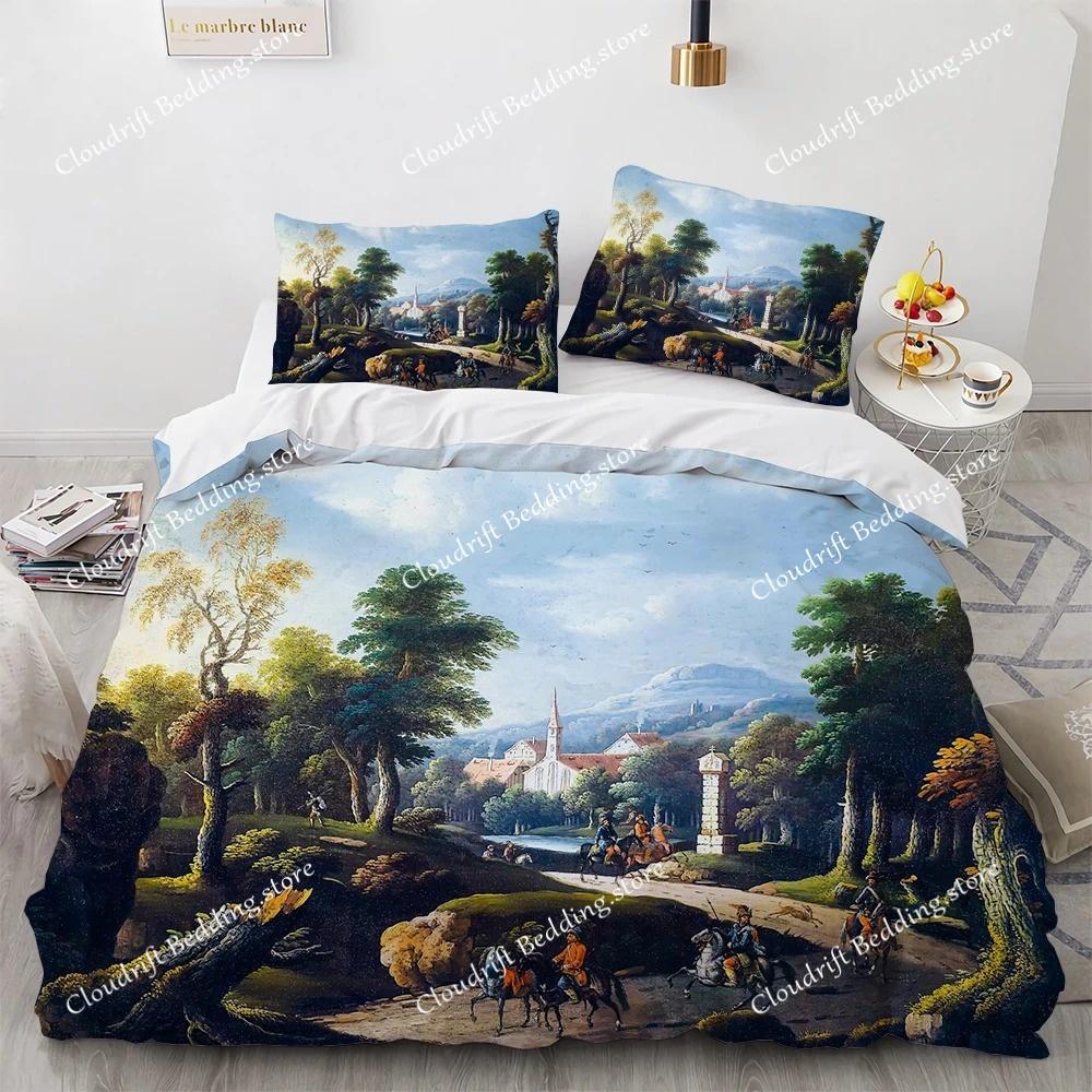 Oil Painting King Queen Duvet Cover Vintage Building Landscape Bedding Set for Adults Retro Art microfiber Quilt Cover