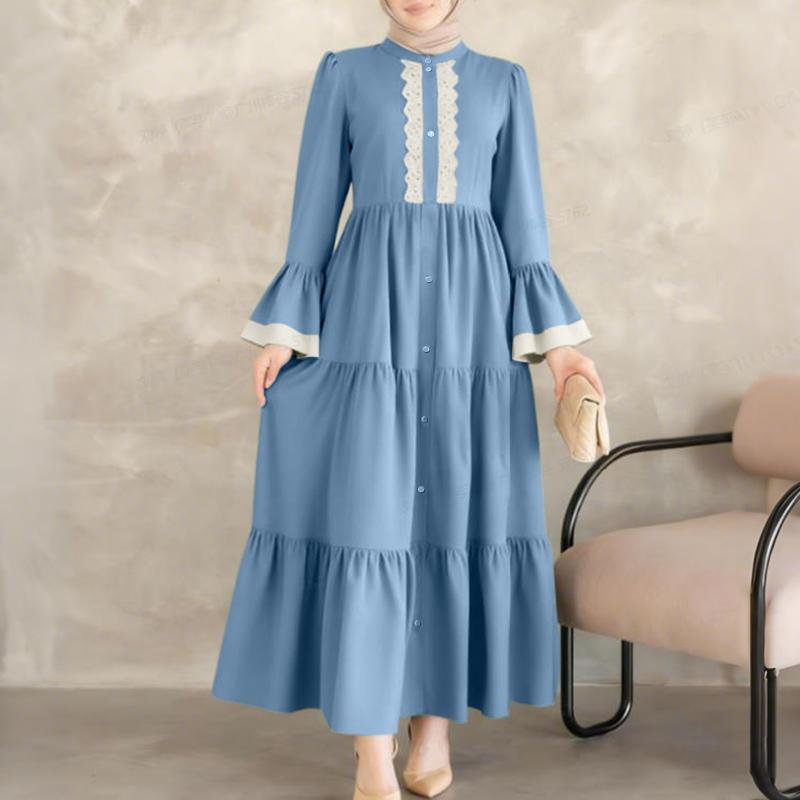 ZANZEA Damen Elegantes Spitze Patchwork Lässiges Stehkragen Ausgestelltes Langes Ärmel Lockeres Kleid