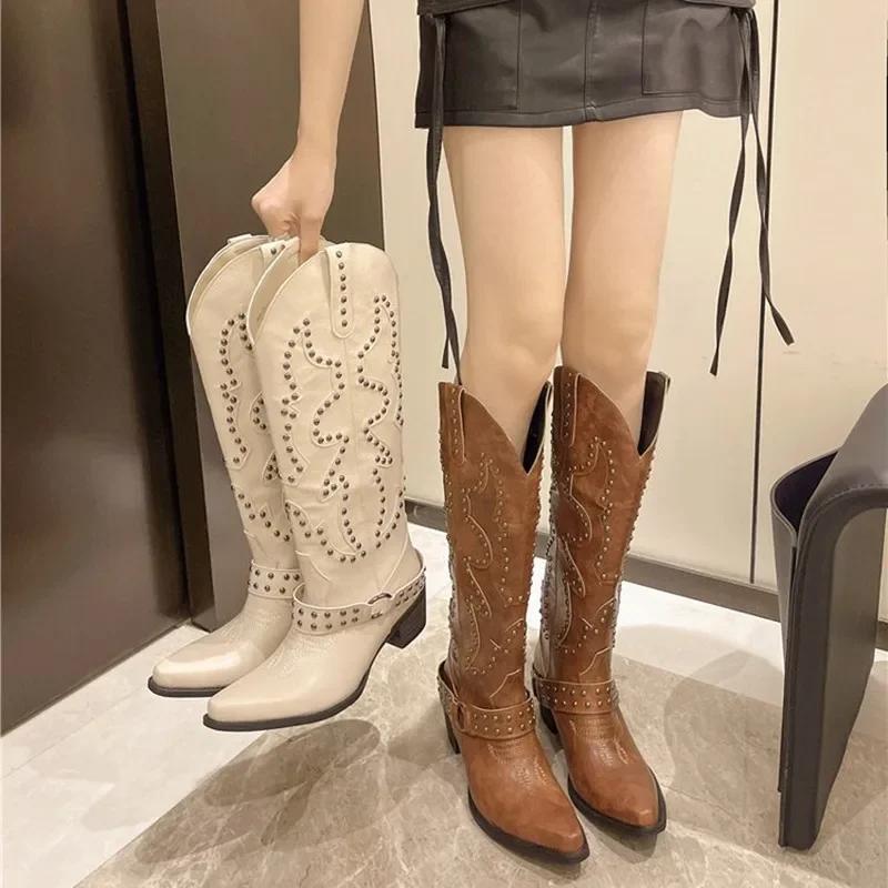 Fashion Luxury Brand New Rivet Embroidery Cowboy Western Boots For Women Punk Slip-on Chunky Heels Country Music Festival Women's Boots