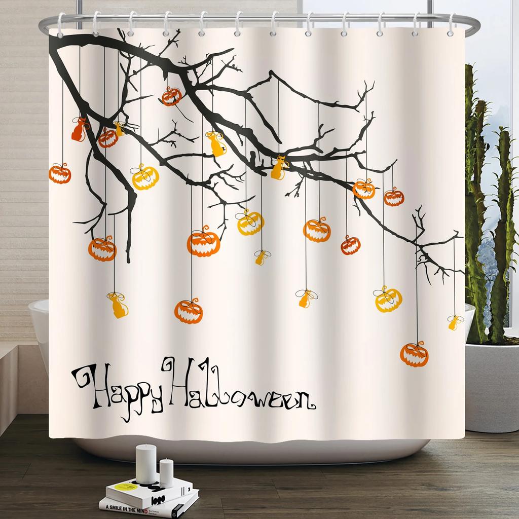 Halloween Shower Curtain Funny Horror Pumpkin Bat Cartoon Cat Happy Halloween Bathroom Curtain for Kids Waterproof Bath Curtain
