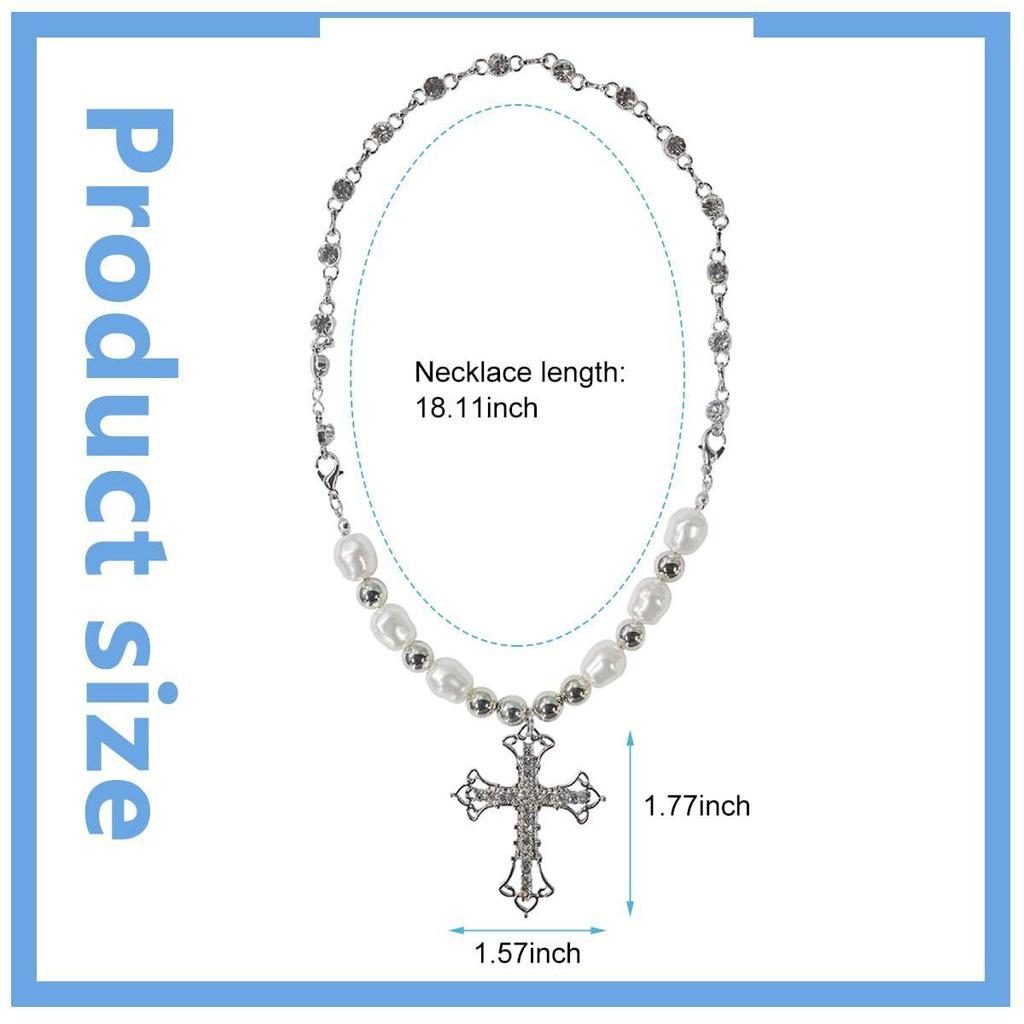Crystal Cross Necklace for Women Girls, Big Pearl Stainless Steel Beads Necklace Choker, Cool Punk Cross Pendant Bling Chain Jewellery Gifts - Silver