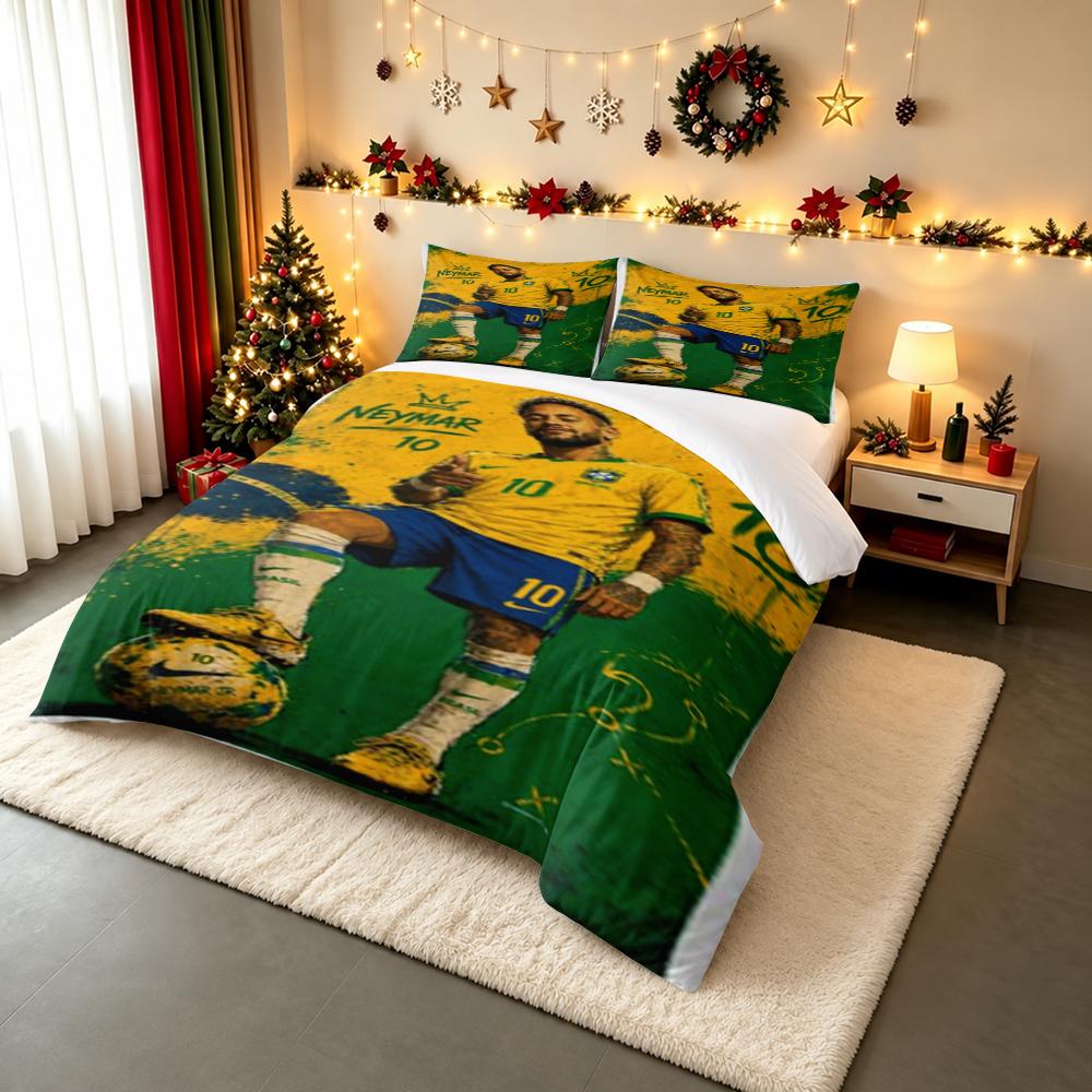 3 Piece Bedding Set with Duvet Cover and 2 Pillowcases - Neymar Jr Brazil 10 Yellow Green Poster - Decor