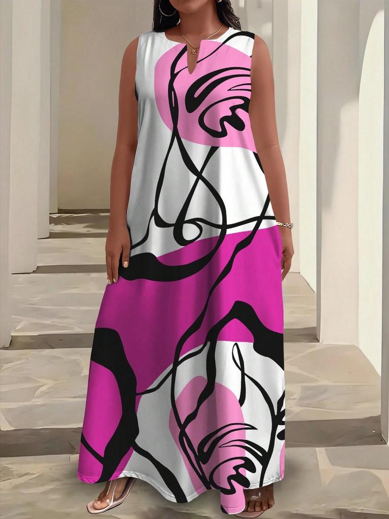 Plus Size African Impressionist Gold Leopard Sleeveless Long Dress