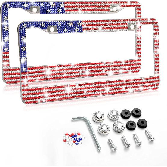 License Plate Frame, 2 Pack USA Flag Bling Rhinestone License Plate Frame Holder, Metal Rust-Proof American Patriotic Flag Sparkling Diamond License красный