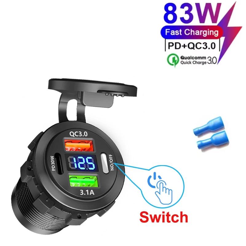 3 Ports Quick Charge Dual PD & QC 3.0 83W Car Charger Outlet Socket with Switch For 12V 24V Motorcycle Boat Marine Truck ATV