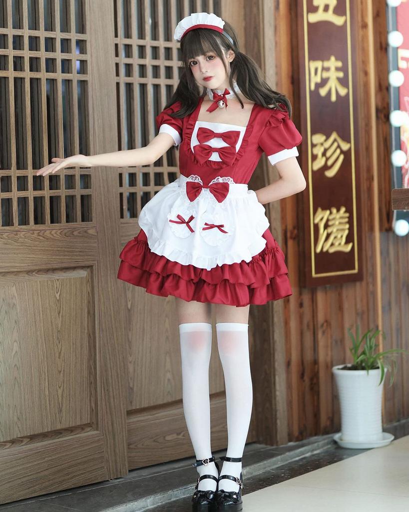 Milky Time Women's Lolita Maid Cosplay Dress, Short Sleeves, Ribbon, 4 Colors (Red)