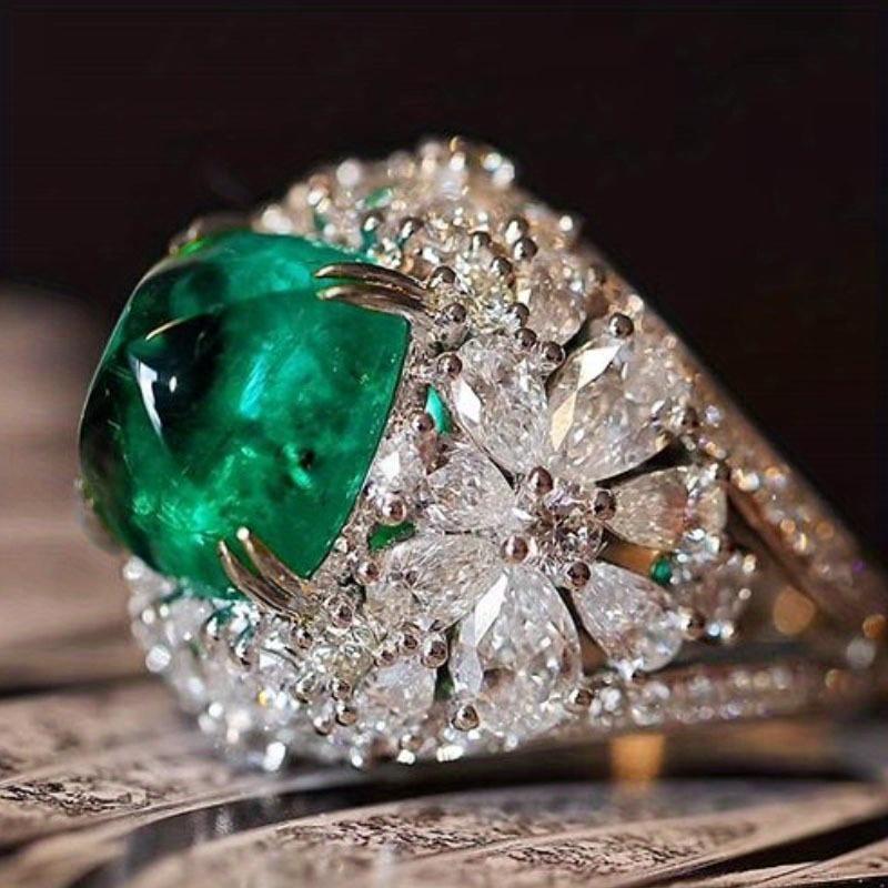 Gorgeous Elegant Green Synthetic Zircon Flower Ring Suitable For Women Parties Banquets Wedding Vintage Temperament Jewelry