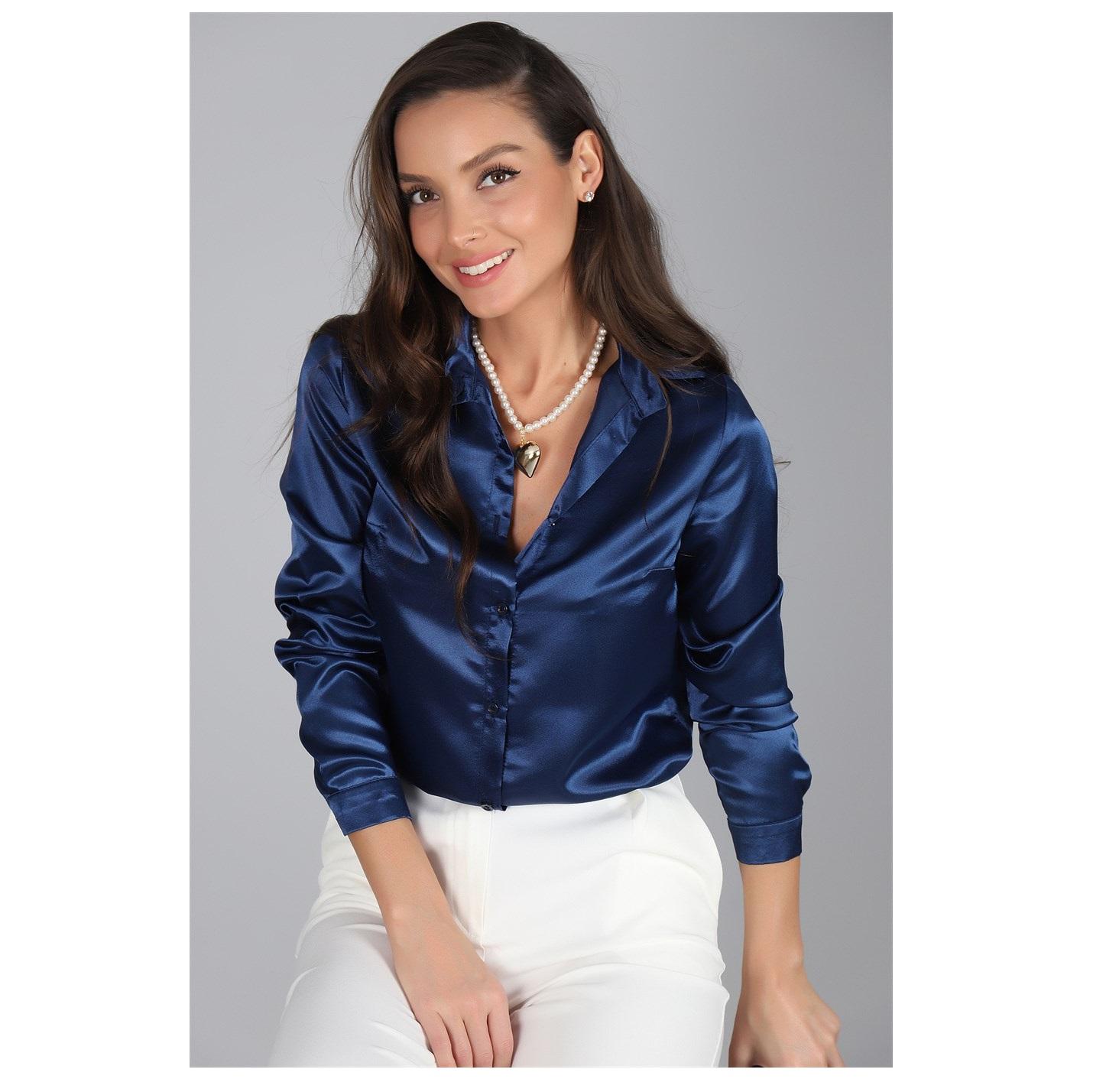 

Женская темно-синяя атласная рубашка с длинным рукавом и отложным воротником, высококачественная блузка, рубашка для отдыха S темно-синий