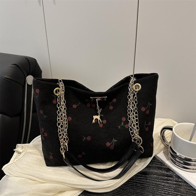 2025 Korean summer new large-capacity women's casual shoulder bag printed cherry small fresh literary tote bag