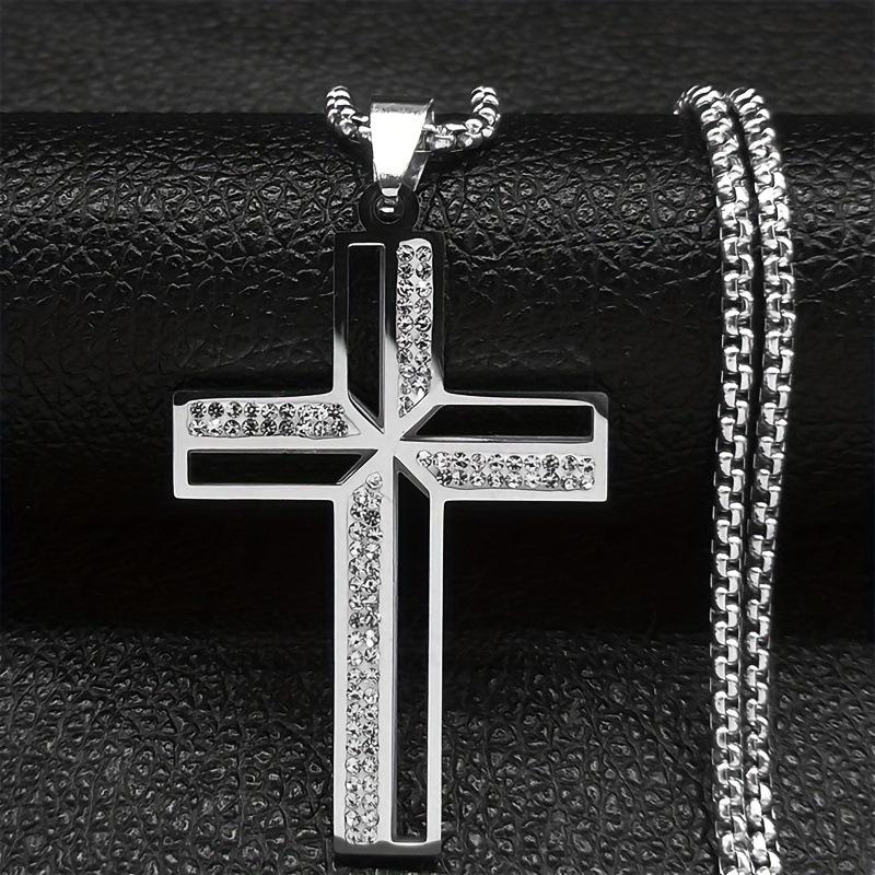 New Men's Stainless Steel Cross Necklace with Diamonds, Vacuum Plating, Non-fading Hip-hop Accessories