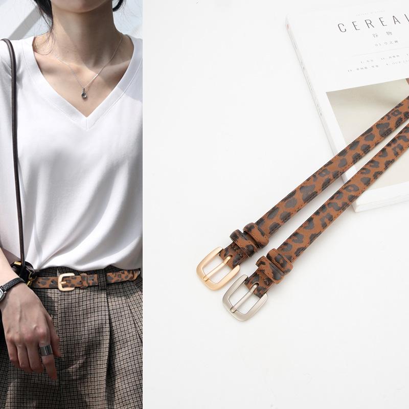 Leopard Print Thin Women's Belt Retro Fashionable Gold Buckle Versatile Jeans Decorative Genuine Leather Belt for Women
