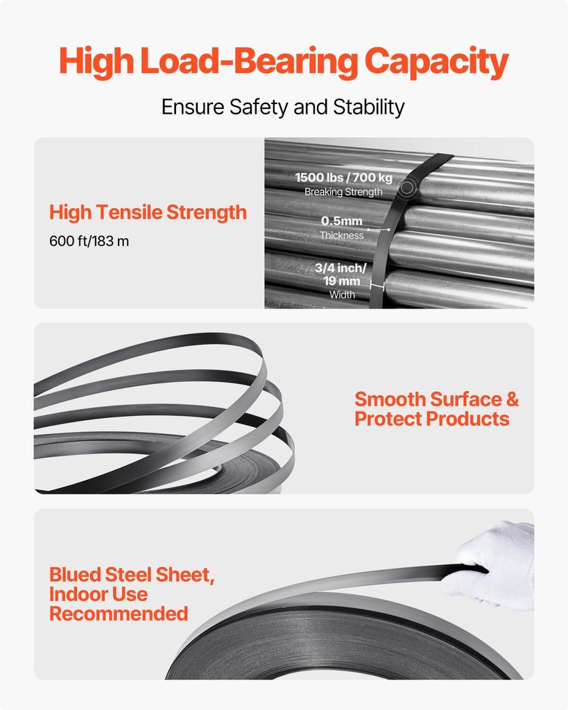 Steel Banding Strapping Kit, Heavy Duty Banding Sealer Tool with 183 M Binding Straps, 300 Metal Seals, Manual Pallet Packaging Strapping Kit for