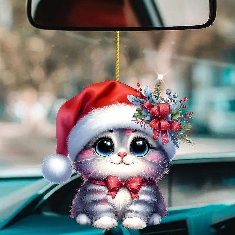 Adorable New 2d Cute Christmas Cat Pendant For Car Rearview Mirror Decoration