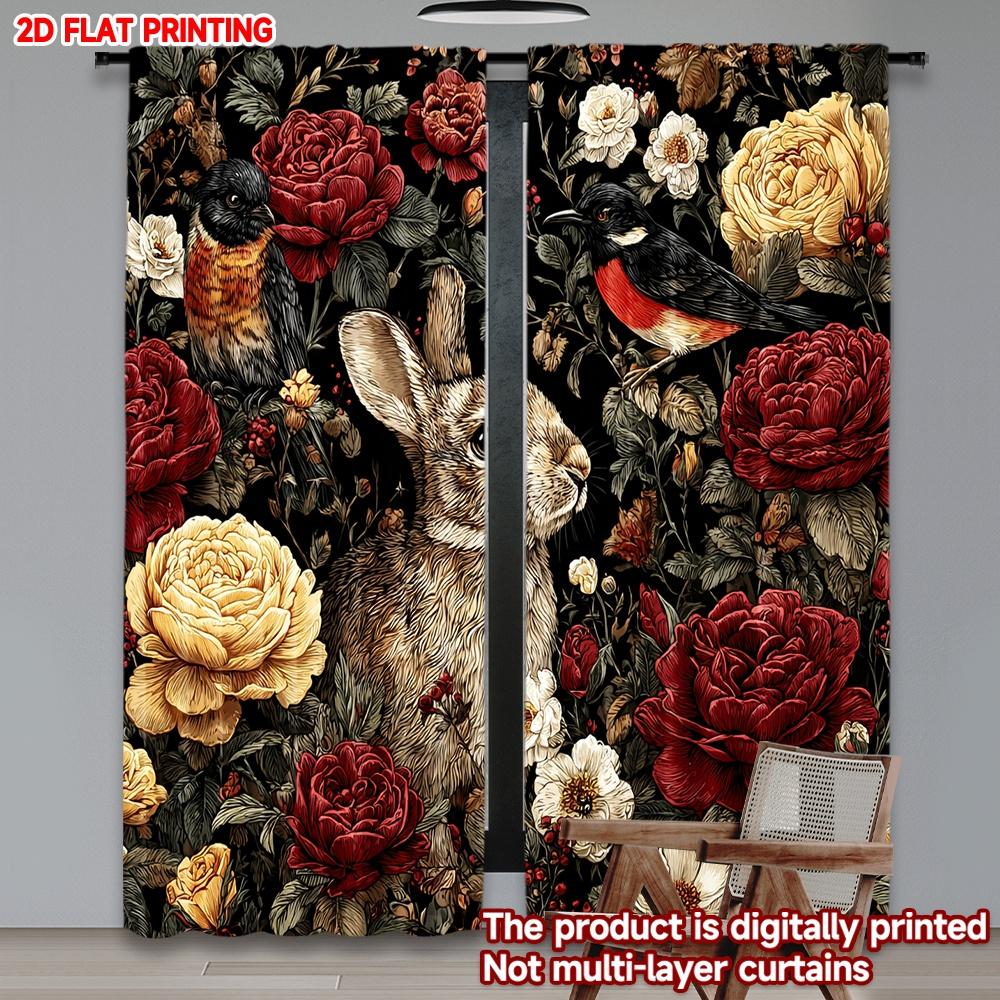 

Set Of 2 Flat Printing Happy Valentine Day Scene Curtain Rose Rabbit Pattern Worn Red Earth Color Digital Printed Polyester Curtains Made W100*H70(CM)-Grommet top&2PCS