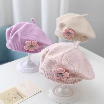 Kwiatowy dziecięcy beret czapka jednolity kolor zimowa ciepła dzianinowa czapka dla niemowląt dziewczynka koreańska mała księżniczka artysta malarz czapka 2024