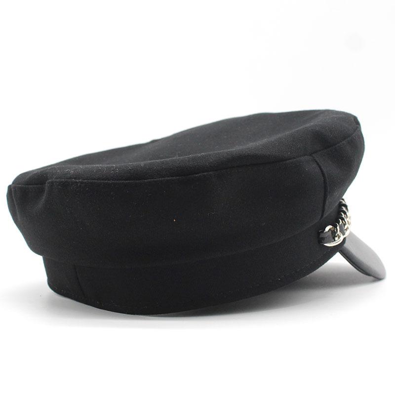 Pu Woolen Chain Flat Top Hat Season Male And Female Couples Student Hat Trendy Hat Navy Hat Beret
