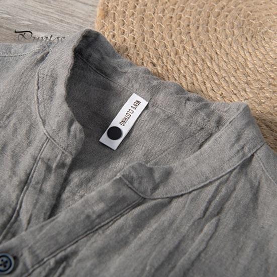 Men Summer Shirt V Neck Stand Collar Short Sleeves Vinatge Solid Color Loose Simple Style Mid Length Pullover Office Daily Wear Top