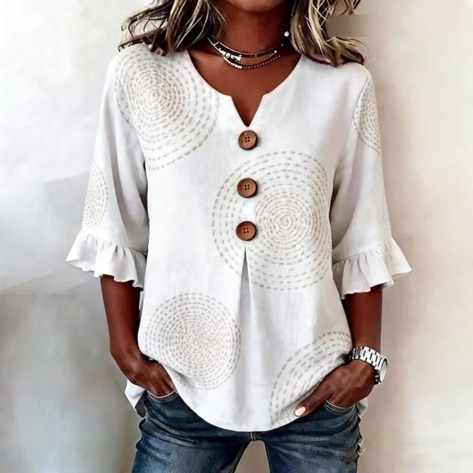 

Women V Neck Floral Print Button Loose Fit Ruffle Sleeve Blouse Casual Comfortable Top for Daily Wear Office Travel XXL білий