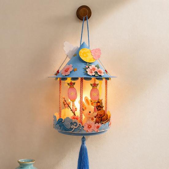 Traditional Palace Lantern Toy Chinese DIY Kit for Mid Autumn, Festival Handheld Glowing Autumn Decoration Paper Lamp with LED Light &
