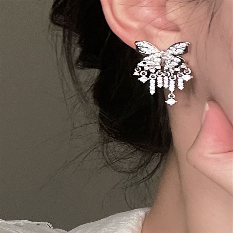 Zircon butterfly fringed earrings exquisite temperament versatile stud earrings niche fashion high sense earrings women
