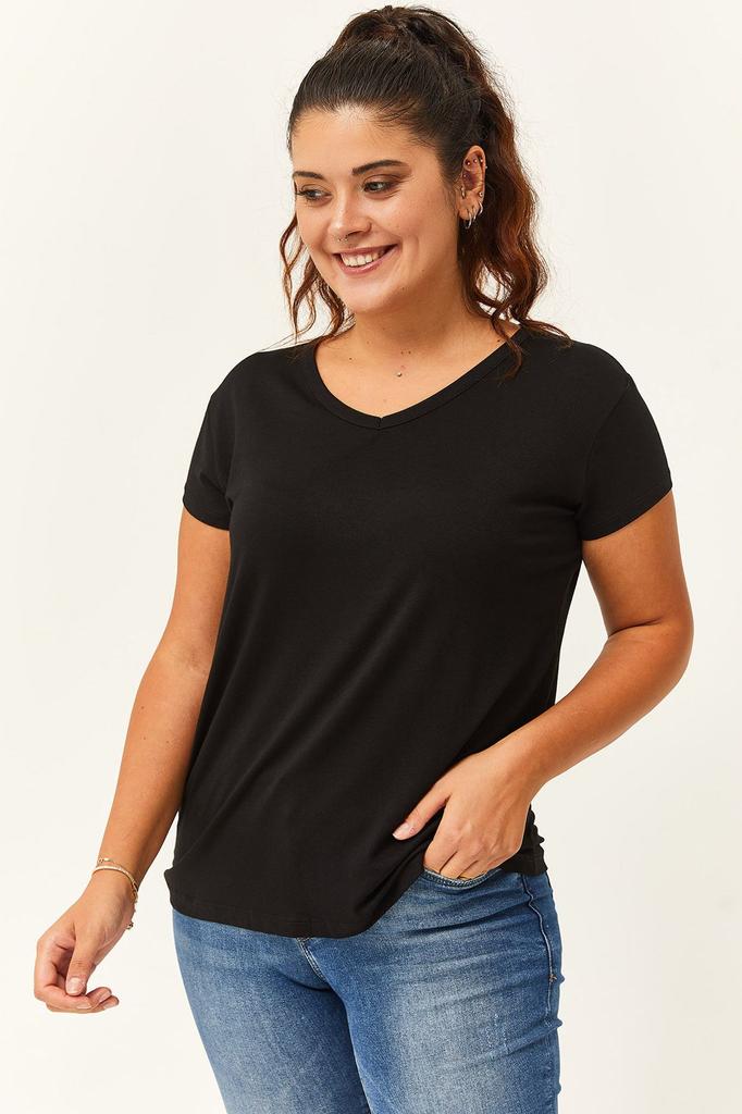 Damski styl Duży rozmiar T-shirt Plus rozmiar Dekolt w serek Podstawowa krótka koszulka z krótkim rękawem Czarny T-shirt