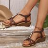 Fashion Pearls Decor Wedge Sandals for Women Summer 2025 Comfort Non Slip Beach Shoes Woman Lightweight Elastic Band Roman Sandals Mujer