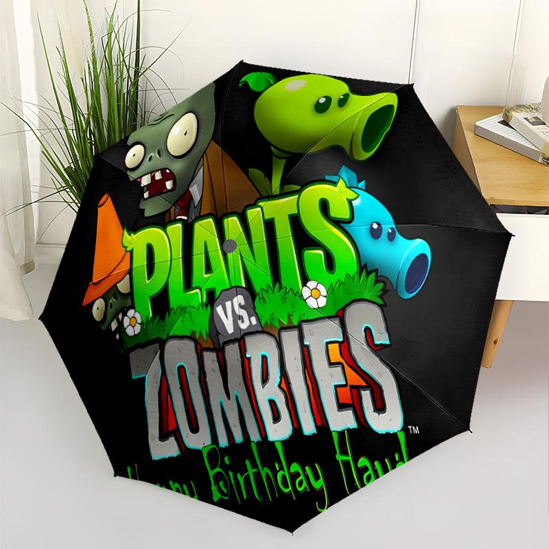Plants Vs Zombies Adventure Portable Automatic Umbrella Compact 8-Rib Lightweight Foldable Design All-Season Umbrella for Travel Fashion Lovers