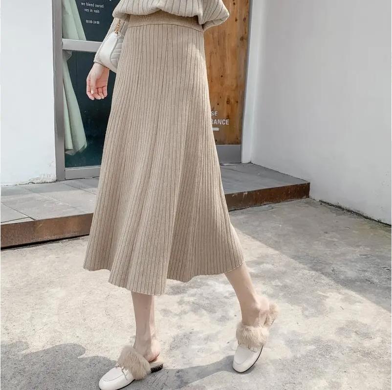 Autumn Winter Knitting Solid Color Pleated Skirt Female High Waist All-match Mid-length A-line Skirt