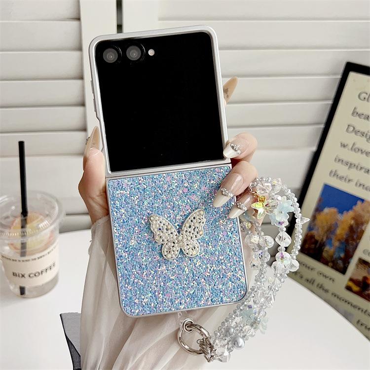 Applicable to Samsung ZFlip7 folding glitter silver edge mobile phone case butterfly bracelet zflip6/5/4 anti-drop protective case