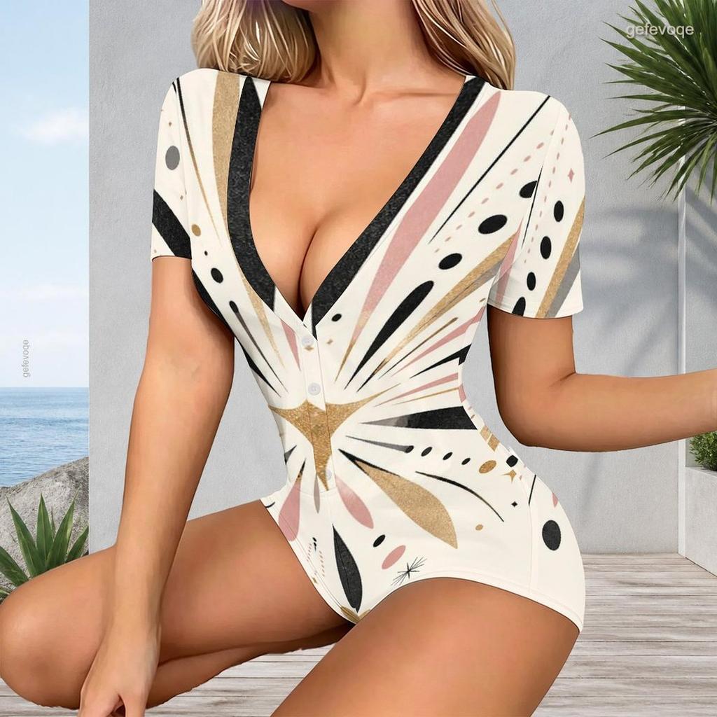 Women Plus Size Black Floral Printed V Neck Short Sleeve Button Front Romper
